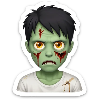 Rosto de frente classico de zombie boca meio torta cabelos medios grandes pretos bagunçados low fade com pele verde clara camiseta branca sticker