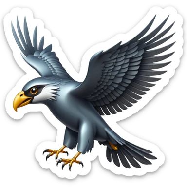 Emoji-style icon of a large metallic predatory bird flying, sharp wings, steel texture, dramatic pose, dark background sticker