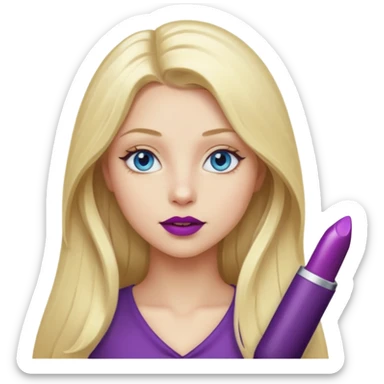 Girl, long blond hair, blue eyes, eggplant as lipstick sticker