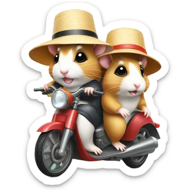 Two hamsters wearing sun hats driving by motorbike sticker
