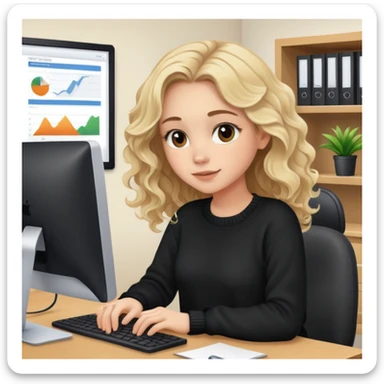 pretty brown-eyed blonde young woman with wavy hair, wearing a black sweater, working on a computer in a cozy office sticker