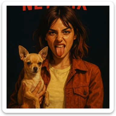 Rebellious and playful woman with tanned skin, freckles, pale yellow shirt #FFF8CA, rust jacket, medium-length brown auburn hair, holding a beige-brown chihuahua, Netflix poster style, dark background. sticker