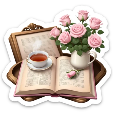 A cozy reading nook with an open book, a steaming cup of tea, and a bouquet of pale pink roses. sticker