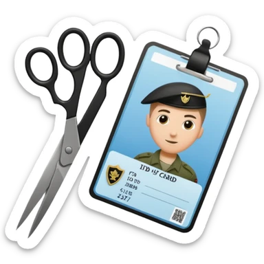 Floating black Scissors cutting in half an idf soldier ID card with a little chip in 2 parts sticker