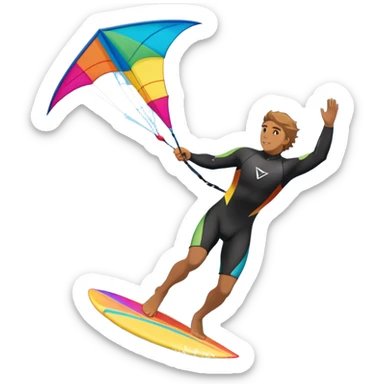 A kite surfer gliding across the ocean, with a colorful kite soaring high in the sky and the surfer carving through the waves. The scene captures the energy and freedom of the sport, with the sun shining and the ocean's waves splashing around. sticker