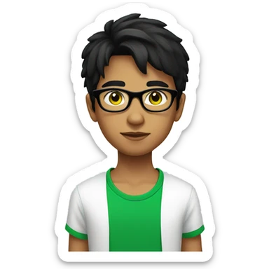 Young boy with black hair green eyes and black glasses wearing a white T-shirt sticker