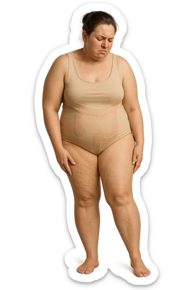 DONNA REALISTICA A FIGURA INTERA CON CELLULITE E GAMBE PESANTI E DOLORANTI, INTESTINO ANATOMICO IN EVIDENZA, CELLULITE VISIBILE, SI TOCCA LA GAMBA CON ESPRESSIONE DI FASTIDIO IN VOLTO, IPERREALISTICA 4K sticker