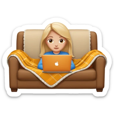 A white girl lies on a sofa under a blanket with a laptop sticker