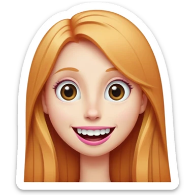 young girl with long straight ginger blonde hair, long face, big eyes, big long nose, big pink mouth with large teeth, exaggerated smile sticker