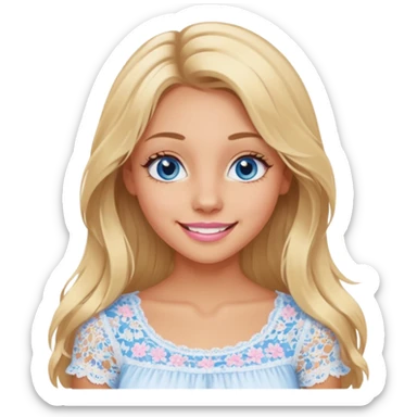 create an emoji of a young woman, tanned face, smile. she has an innocent natural look, messy extremely long blonde hair, blueeyes, natural soft pink lips. she wears a very loose very white lacy top sticker