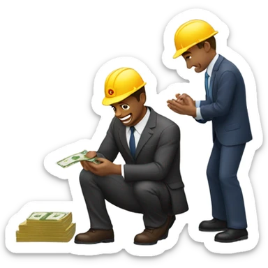 A kneeling construction worker giving a guy with a suit money sticker