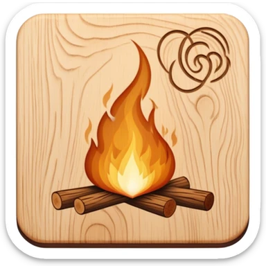 Pyrography icon, piece of wood being burned with a pyrography tool, visible burn marks forming intricate patterns, wood texture, minimalistic style, clean lines, transparent background. sticker