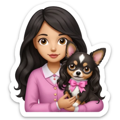 A girl with light to medium skin with olive skin tone, with long black hair with wavy bottom. Holding a chihuahua dog wearing a ribbon sticker