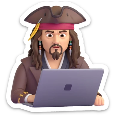 Captain Jack Sparrow as a serious coder typing on a laptop sticker