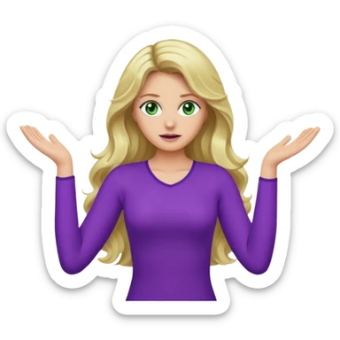 lady with long blonde wavy hair, green eyes and purple top top throwing arms in the as if confused sticker
