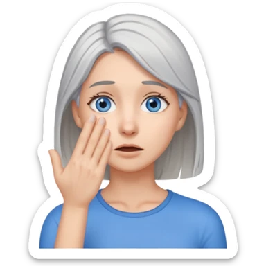 young woman with gray hair and blue eyes and 1 palm of hand covering face in exasperation sticker