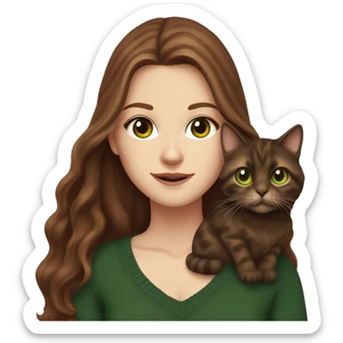 White girl with green eyes and brown long wavy hair holding a tortoiseshell cat and wearing a dark red sweater with dark jeans sticker
