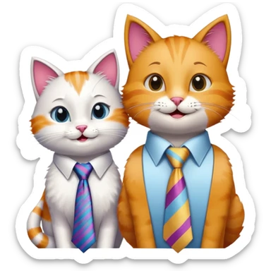 happy girl cat with eyelashes wearing a colorful necktie and happy boy cat wearing a professional necktie standing together side by side, both with cheerful expressions sticker
