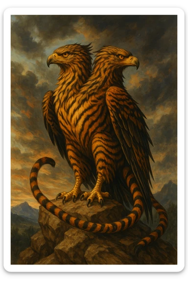 A two-headed eagle with tiger stripes and a tiger's tail, perched on a rock, hybrid animal, fantasy art. sticker