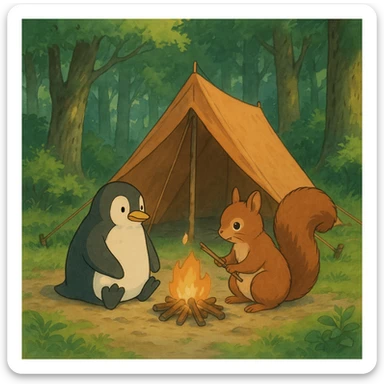 Pinguin und Eichhörnchen beim Campen, Zelt und Wald, Ghibli-Stil sticker