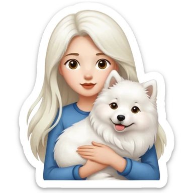A girl with long highlighted hair holding a Samoyed sticker