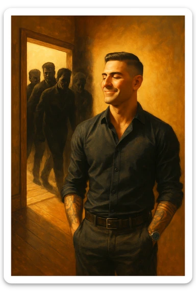a man stands confidently in a sunlit room, facing away from a group of dark, shadowy figures with harsh or angry expressions who are walking out the door. The man’s posture is upright and relaxed, his face calm and relieved. Warm light fills the space, symbolizing his newfound peace and positivity. sticker