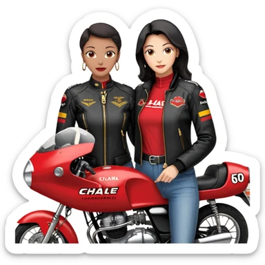 Crie um motoqueiro de jaqueta preta junto com uma mulher de jaqueta preta com um símbolo de um coração vermelho com chama vermelha e letras HL escrito em dourado dentro do coração vermelho, a mulher abraçado ao motoqueiro os dois de costas na moto Harley Davidson vermelha  sticker