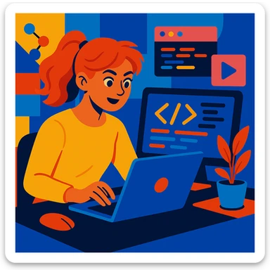 Make the web developer a female, keep the vibrant creative style, coding on laptop, modern tech environment, bright and lively colors, expressive and dynamic pose. sticker