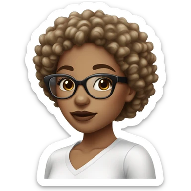 Black curly Hair girl with a white crop top on and blue eyes with natural lashes and glasses with lip gloss on her lips. sticker