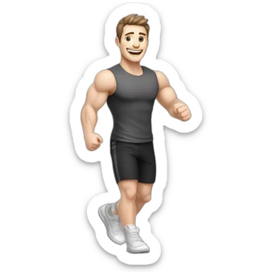 Joyful Celebrating victory Pale skinned Fit Man With the biceps and dark brown hair in black shirt, gray sports shorts and white Sneakers sticker