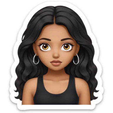 a pretty bratz dusky girl with long wavy black hair, kajal under eyes, black full sleeve tank top sticker