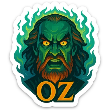 fierce head of the Wizard of Oz, bold colors, magical aura, stylized, no background sticker