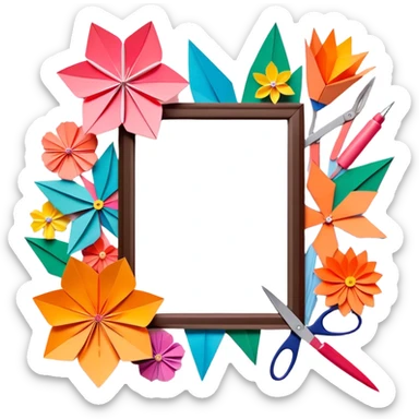 Paper crafting icon, various paper crafts like origami, 3D paper flowers, and scrapbooking materials, visible tools such as scissors, glue stick, and colour paper sheets, colorful paper patterns, minimalistic style, clean lines, transparent background. sticker