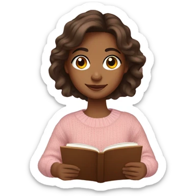 Pretty brown eyed medium brown girl with light pink sweater reading cozy sticker