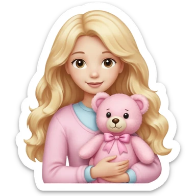 An emoji of a blonde woman holding a plush pink teddy bear. She has long, wavy golden hair and a gentle, happy expression. The teddy bear is soft, fluffy, and pastel pink, giving a cute and cozy vibe sticker