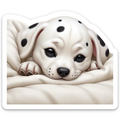 Cinematic cute Sleeping Dalmatian Portrait Emoji, cute and serene, with a round, plump build and a glossy white coat adorned with distinctive black spots, eyes gently closed in peaceful slumber, Simplified yet irresistibly endearing features, highly detailed, glowing with a gentle, dreamy glow, high shine, relaxed and content, stylized with a touch of whimsy, bright and heartwarming, soft glowing outline, capturing the essence of a blissfully sleepy companion, so comically serene it feels like it could roll out of the screen and snore with adorable charm! sticker
