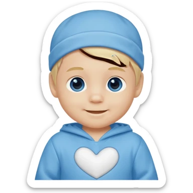 Blonde hair blue eyed infant boy wearing am sticker