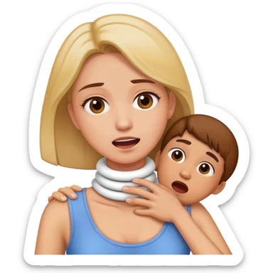 Woman holding neck while fake choking sticker
