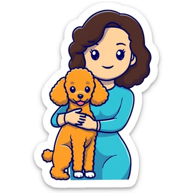 woman with long dark brown hair holding a poodle sticker