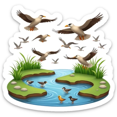 A 3D cartoon estuary with birds flying over shallow water and grassy banks, calm mood, Memoji-style realism. sticker