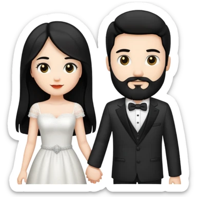 couple of newlyweds holding hands, white skin man with black hair and beard; white skin woman with long black hair and black eyes sticker