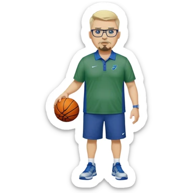 Full Body white male plus size wearing glasses with a goatee with light blonde and gray very short hair mad basketball head Coach in blue and green wearing Nike polo sticker