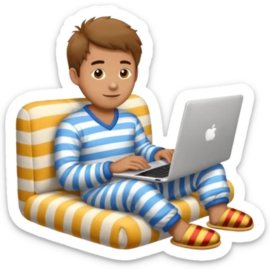 man in striped pajamas and fuzzy slippers typing on a laptop, emoji style sticker