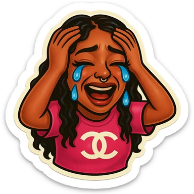  laughing with Tears rolling down face 
Mouth Pout
hands on head 
pink chanel shirt 
head down
 sticker