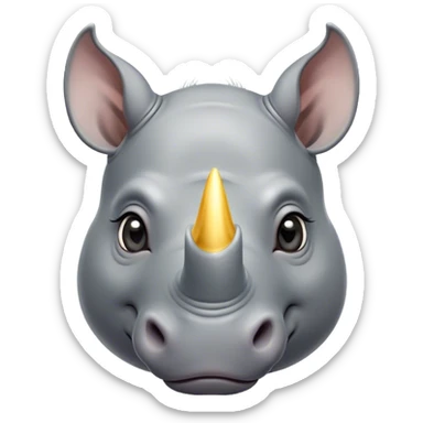 Cinematic Cute Rhinoceros Portrait Emoji, Head tilted playfully and inquisitively, featuring a rugged, glossy slate-gray hide with a gentle, rounded white horn and round, sparkling eyes filled with curious wonder, Simplified yet irresistibly adorable features, highly detailed, glowing with a warm, friendly glow, high shine, affectionate and mighty, stylized with a touch of ancient charm, bright and endearing, soft glowing outline, capturing the essence of a mischievous yet loving rhinoceros, so playful it feels like it could stomp out of the screen and into your arms! sticker