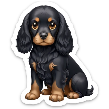 Cinematic Noble Black Cocker Spaniel Portrait Emoji, Poised and regal, with a sturdy build and a sleek, shiny black coat accented by subtle tan markings, deep-set soulful dark eyes, Simplified yet sharp and sophisticated features, highly detailed, glowing with a soft, dignified glow, high shine, intelligent and alert, stylized with an air of refinement, focused and attentive, soft glowing outline, capturing the essence of a watchful and confident companion, so majestic it feels as though it could trot out of the screen with effortless authority! sticker