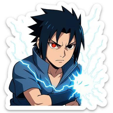Sasuke Uchiha from Naruto, intense look, red Sharingan eye activated, blue lightning Chidori energy around, subtle animation with eye glowing and lightning crackling, modern sharp anime style, bold colors, clean lines, slightly futuristic, optimized for chat emoji sticker