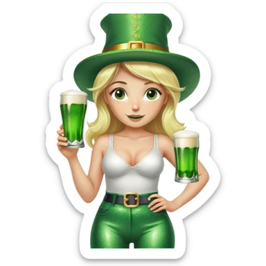 Blonde haired pretty woman with freckles glittery green bell bottoms and tall leprechaun hat holding a green beer sticker