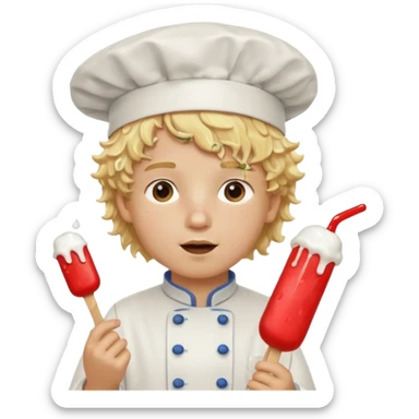 boy blonde curly hair, chef, eating ice pop sticker