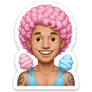 very cheerful colorful puffy curly haired man made out of cotton candy with teeth-braces and tattoos and face tattoos just face  sticker